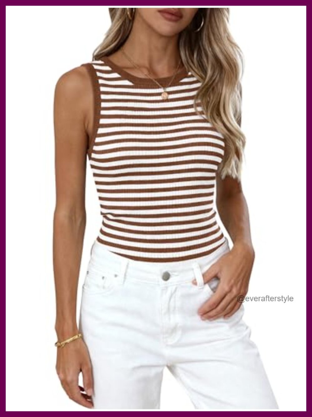 PRETTYGARDEN Ribbed Knit Striped Tank Top Fitted Sleeveless Crew Neck Women's